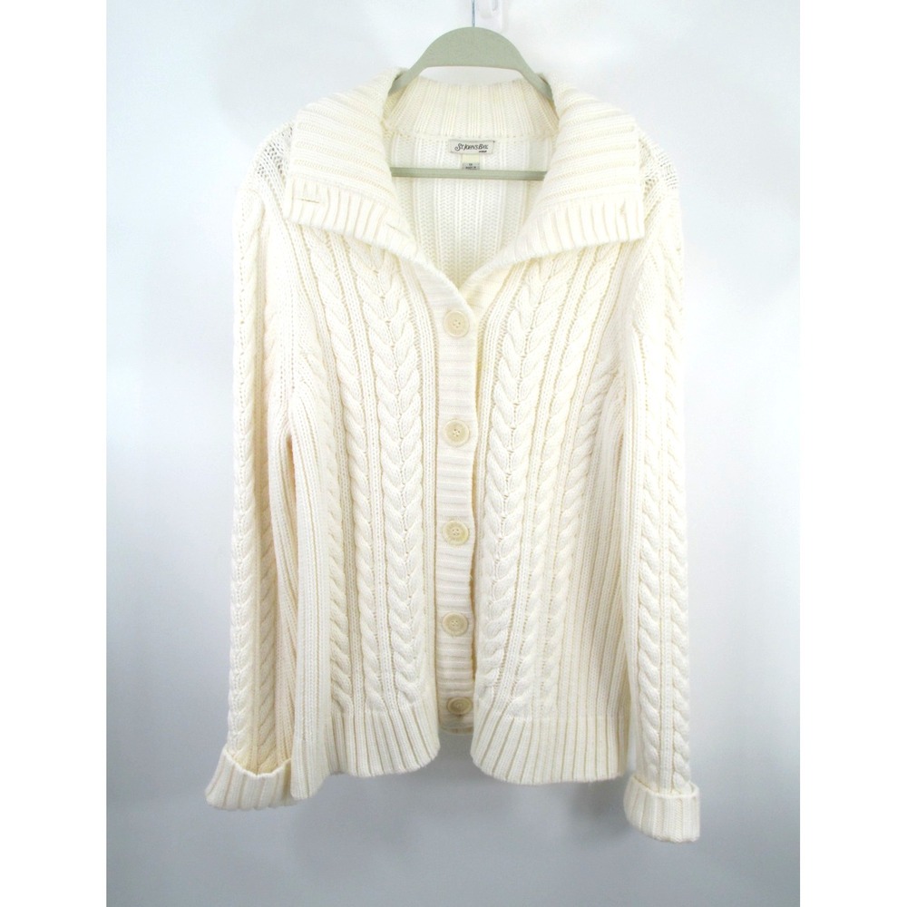 St. John's Bay White Cable Knit Cardigan Sweater Womens 1XL Button Up Collared